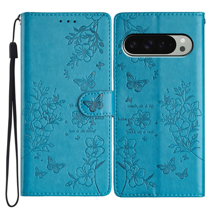 For Google Pixel 9 Pro XL Butterflies and Flowers Leather Phone Case(Blue) - Google Cases by buy2fix | Online Shopping UK | buy2fix