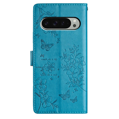 For Google Pixel 9 Pro XL Butterflies and Flowers Leather Phone Case(Blue) - Google Cases by buy2fix | Online Shopping UK | buy2fix