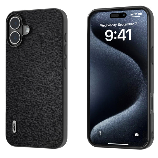 For iPhone 16 Plus ABEEL Black Frame Genuine Leather Elegant Phone Case(Black)