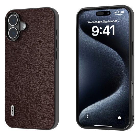 For iPhone 16 ABEEL Black Frame Genuine Leather Elegant Phone Case(Coffee)