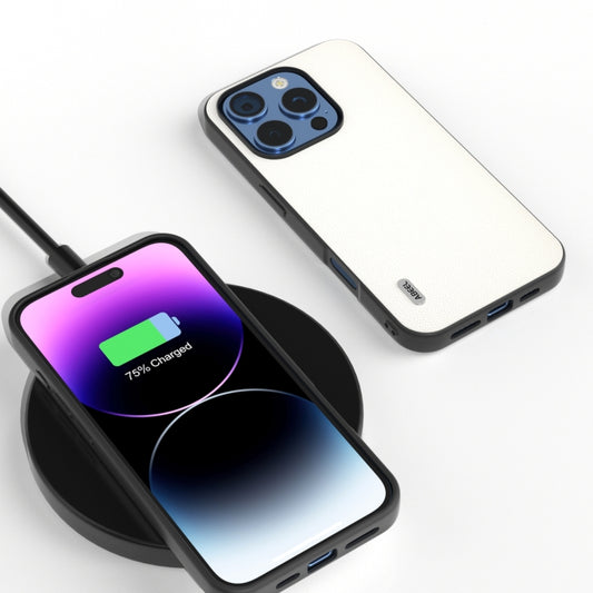 For iPhone 16 Pro ABEEL Black Frame Genuine Leather Elegant Phone Case(White) by buy2fix