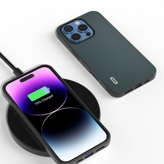 For iPhone 16 Pro ABEEL Black Frame Genuine Leather Elegant Phone Case(Green) by buy2fix