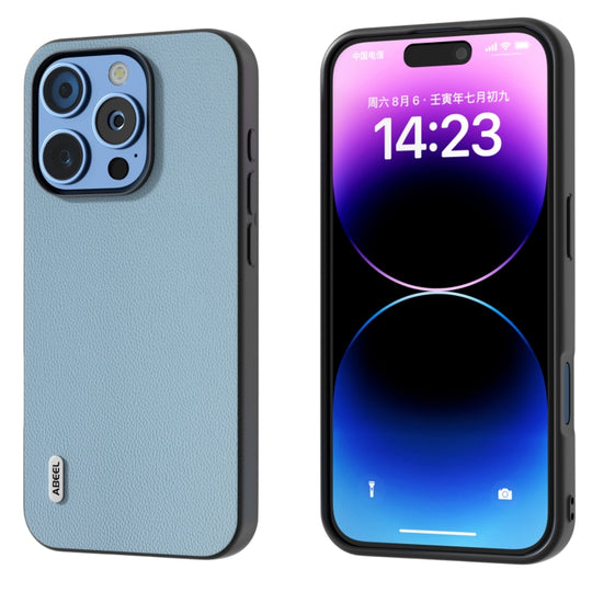 For iPhone 16 Pro ABEEL Black Frame Genuine Leather Elegant Phone Case(Sky Blue)
