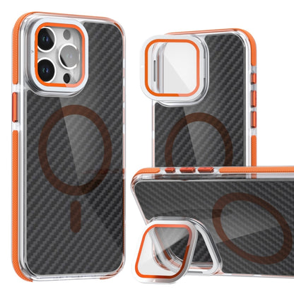 For iPhone 14 Pro Max Magsafe Dual-Color Carbon Fiber Lens Film Phone Case with Lens Fold Holder(Orange) - iPhone 14 Pro Max Cases by buy2fix | Online Shopping UK | buy2fix