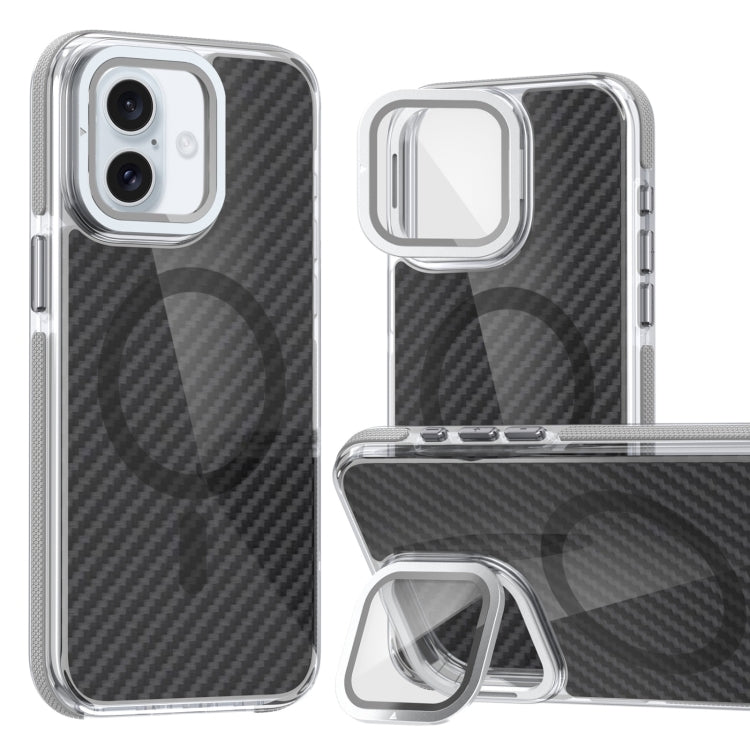 For iPhone 16 Plus Magsafe Dual-Color Carbon Fiber Lens Film Phone Case with Lens Fold Holder(Gray) by buy2fix