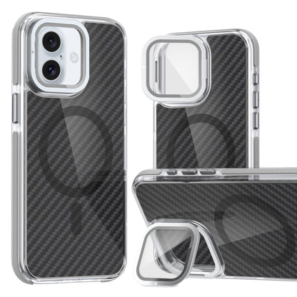 For iPhone 16 Plus Magsafe Dual-Color Carbon Fiber Lens Film Phone Case with Lens Fold Holder(Gray) by buy2fix
