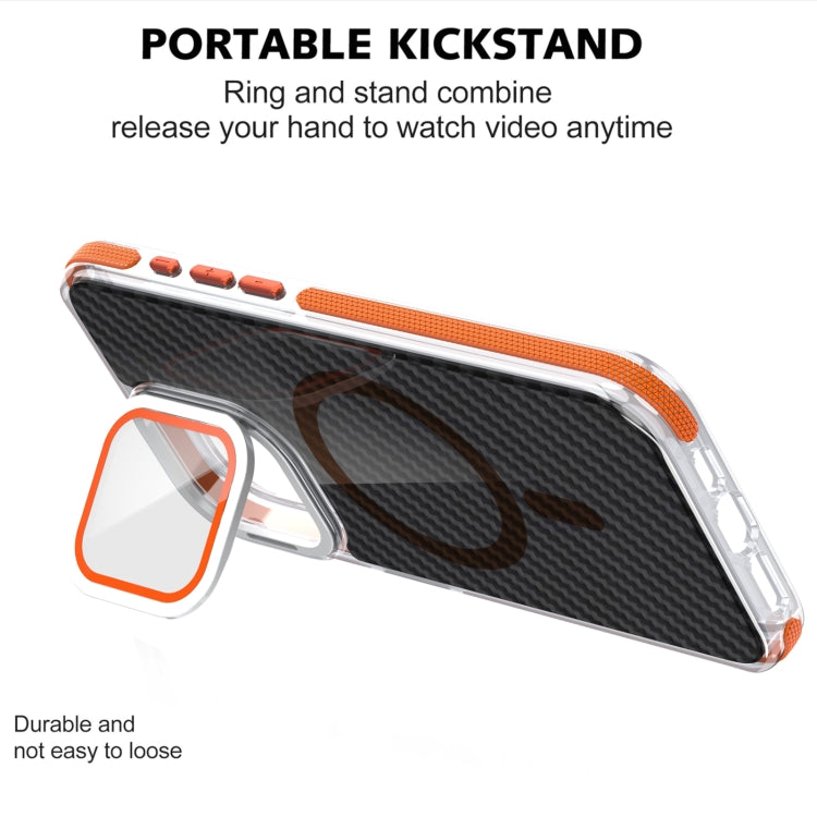 For iPhone 16 Plus Magsafe Dual-Color Carbon Fiber Lens Film Phone Case with Lens Fold Holder(Orange) - iPhone 16 Plus Cases by buy2fix | Online Shopping UK | buy2fix