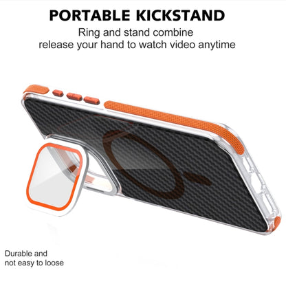 For iPhone 14 Pro Max Magsafe Dual-Color Carbon Fiber Lens Film Phone Case with Lens Fold Holder(Orange) - iPhone 14 Pro Max Cases by buy2fix | Online Shopping UK | buy2fix