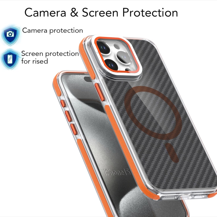 For iPhone 14 Pro Magsafe Dual-Color Carbon Fiber Lens Film Phone Case with Lens Fold Holder(Orange) - iPhone 14 Pro Cases by buy2fix | Online Shopping UK | buy2fix