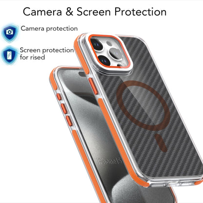 For iPhone 13 / 14 Magsafe Dual-Color Carbon Fiber Lens Film Phone Case with Lens Fold Holder(Orange) - iPhone 13 Cases by buy2fix | Online Shopping UK | buy2fix