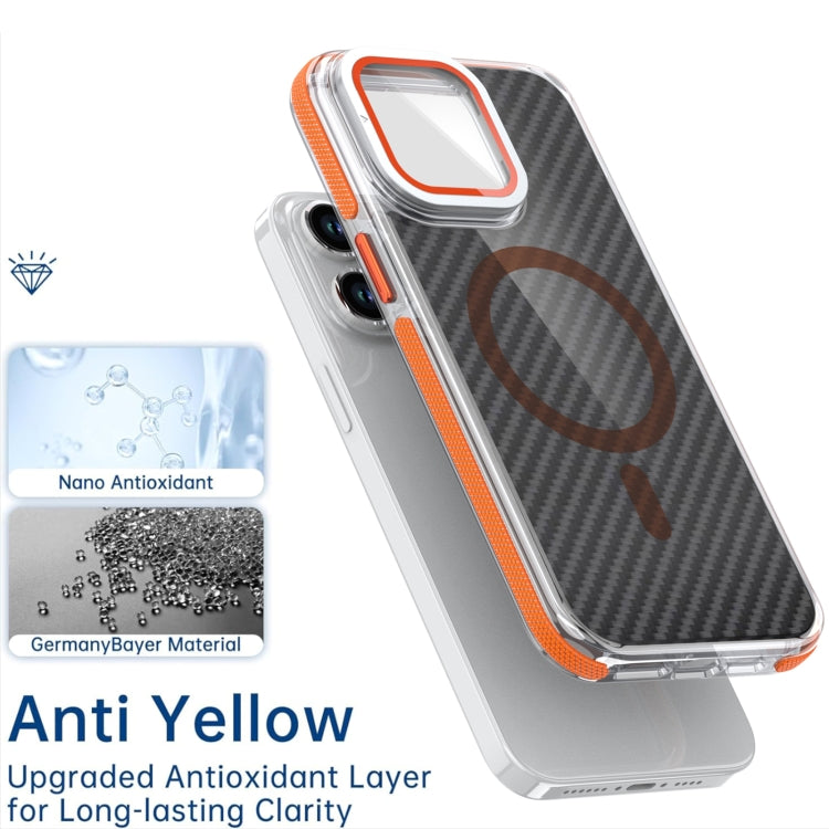 For iPhone 15 Plus Magsafe Dual-Color Carbon Fiber Lens Film Phone Case with Lens Fold Holder(Orange) - iPhone 15 Plus Cases by buy2fix | Online Shopping UK | buy2fix