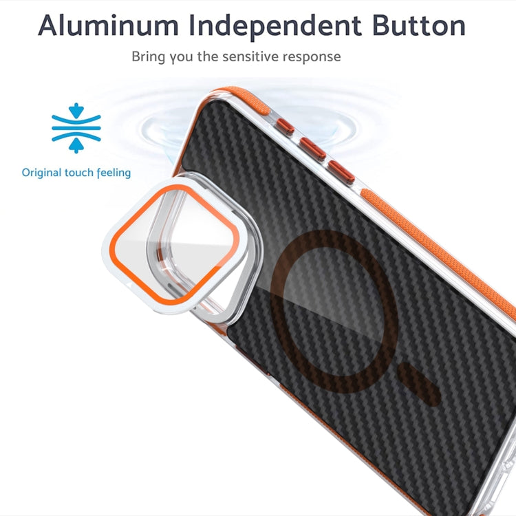 For iPhone 11 Magsafe Dual-Color Carbon Fiber Lens Film Phone Case with Lens Fold Holder(Orange) - iPhone 11 Cases by buy2fix | Online Shopping UK | buy2fix