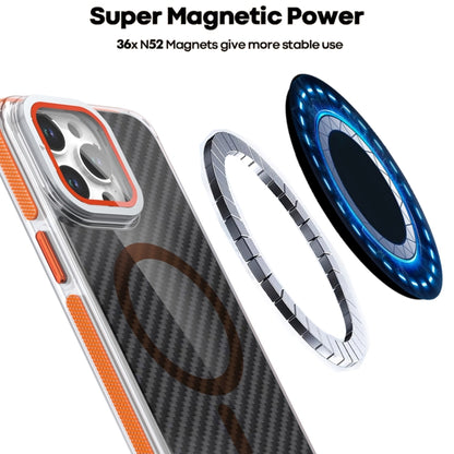 For iPhone 11 Magsafe Dual-Color Carbon Fiber Lens Film Phone Case with Lens Fold Holder(Orange) - iPhone 11 Cases by buy2fix | Online Shopping UK | buy2fix