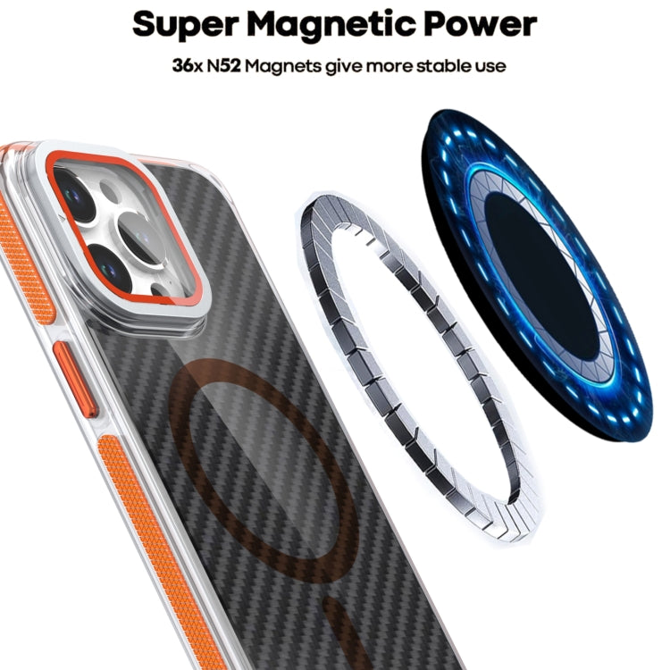 For iPhone 15 Plus Magsafe Dual-Color Carbon Fiber Lens Film Phone Case with Lens Fold Holder(Orange) - iPhone 15 Plus Cases by buy2fix | Online Shopping UK | buy2fix