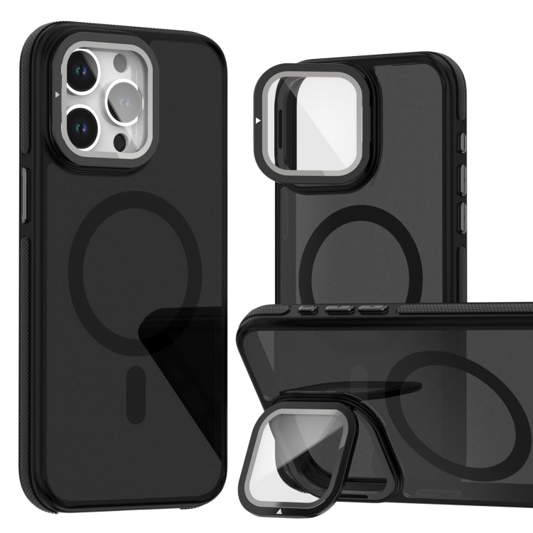 For iPhone 16 Pro Max Magsafe Dual-Color Skin Feel Lens Film Phone Case with Lens Fold Holder(Black) - iPhone 16 Pro Max Cases by buy2fix | Online Shopping UK | buy2fix