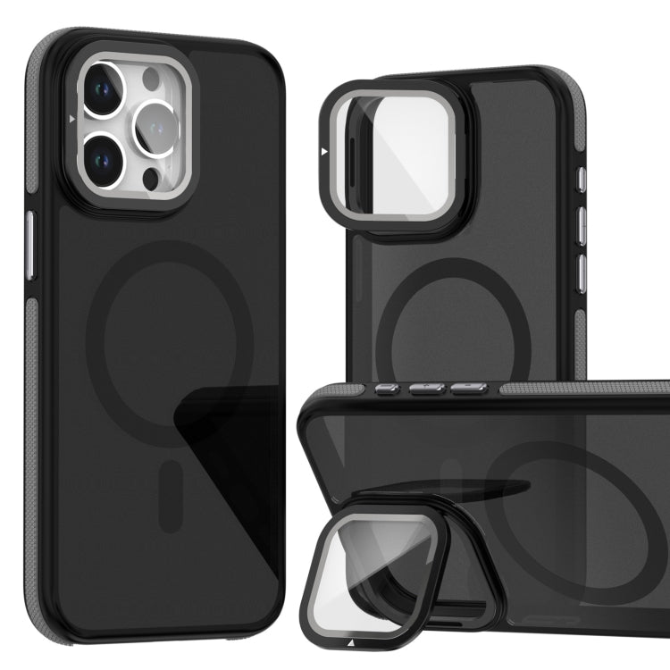 For iPhone 16 Pro Max Magsafe Dual-Color Skin Feel Lens Film Phone Case with Lens Fold Holder(Gray) - iPhone 16 Pro Max Cases by buy2fix | Online Shopping UK | buy2fix