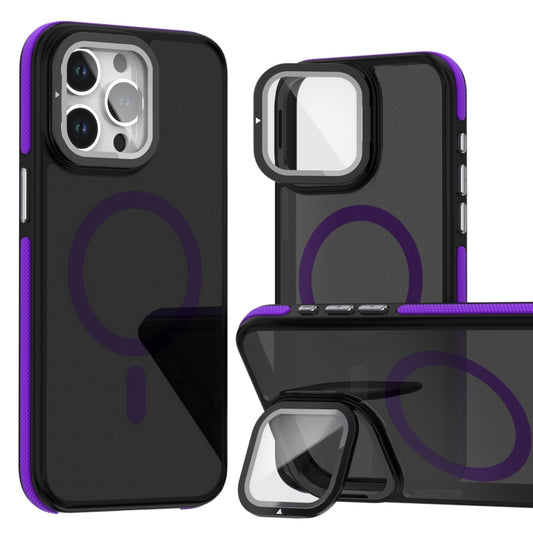 For iPhone 16 Pro Magsafe Dual-Color Skin Feel Lens Film Phone Case with Lens Fold Holder(Purple) - More iPhone Cases by buy2fix | Online Shopping UK | buy2fix