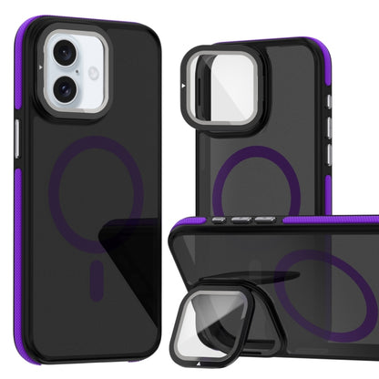 For iPhone 16 Plus Magsafe Dual-Color Skin Feel Lens Film Phone Case with Lens Fold Holder(Purple) by buy2fix