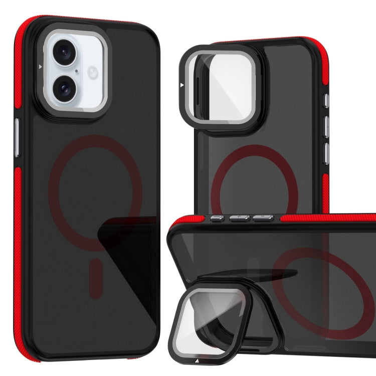 For iPhone 16 Plus Magsafe Dual-Color Skin Feel Lens Film Phone Case with Lens Fold Holder(Red) by buy2fix