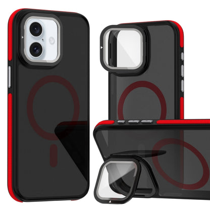 For iPhone 16 Plus Magsafe Dual-Color Skin Feel Lens Film Phone Case with Lens Fold Holder(Red) by buy2fix
