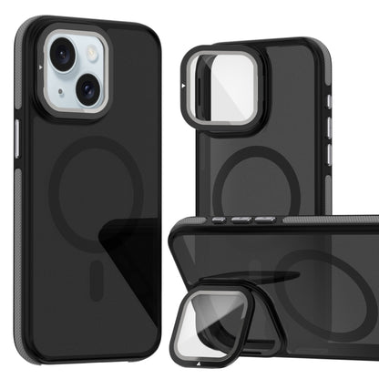 For iPhone 15 Plus Magsafe Dual-Color Skin Feel Lens Film Phone Case with Lens Fold Holder(Gray) - iPhone 15 Plus Cases by buy2fix | Online Shopping UK | buy2fix