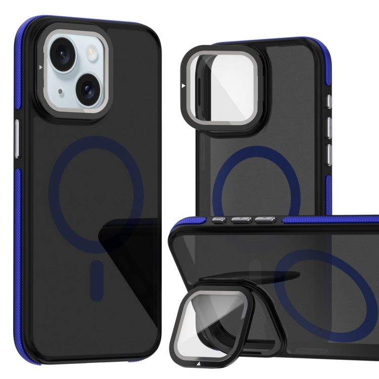 For iPhone 15 Plus Magsafe Dual-Color Skin Feel Lens Film Phone Case with Lens Fold Holder(Blue) - More iPhone Cases by buy2fix | Online Shopping UK | buy2fix