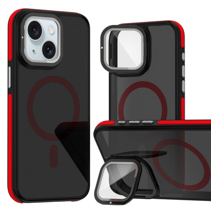 For iPhone 15 Plus Magsafe Dual-Color Skin Feel Lens Film Phone Case with Lens Fold Holder(Red) - More iPhone Cases by buy2fix | Online Shopping UK | buy2fix