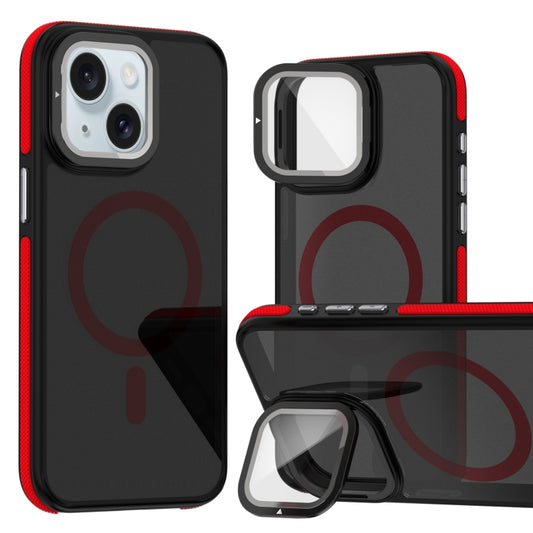 For iPhone 15 Plus Magsafe Dual-Color Skin Feel Lens Film Phone Case with Lens Fold Holder(Red) - More iPhone Cases by buy2fix | Online Shopping UK | buy2fix