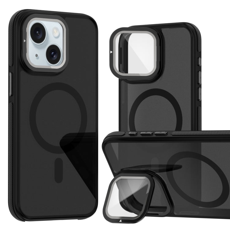 For iPhone 15 Magsafe Dual-Color Skin Feel Lens Film Phone Case with Lens Fold Holder(Black) - iPhone 15 Cases by buy2fix | Online Shopping UK | buy2fix