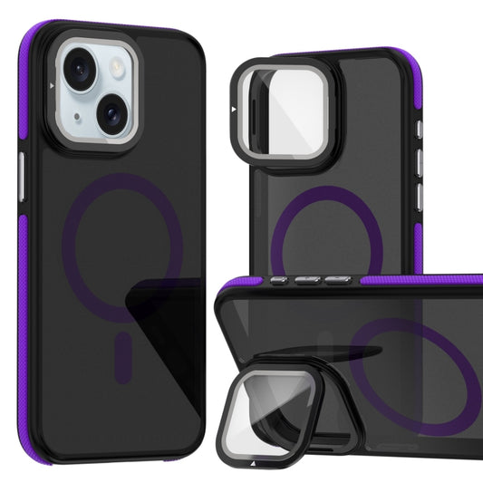 For iPhone 15 Magsafe Dual-Color Skin Feel Lens Film Phone Case with Lens Fold Holder(Purple) - More iPhone Cases by buy2fix | Online Shopping UK | buy2fix