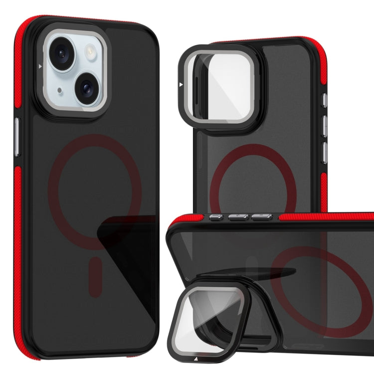 For iPhone 15 Magsafe Dual-Color Skin Feel Lens Film Phone Case with Lens Fold Holder(Red) - More iPhone Cases by buy2fix | Online Shopping UK | buy2fix