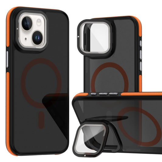 For iPhone 14 Plus Magsafe Dual-Color Skin Feel Lens Film Phone Case with Lens Fold Holder(Orange) - iPhone 14 Plus Cases by buy2fix | Online Shopping UK | buy2fix