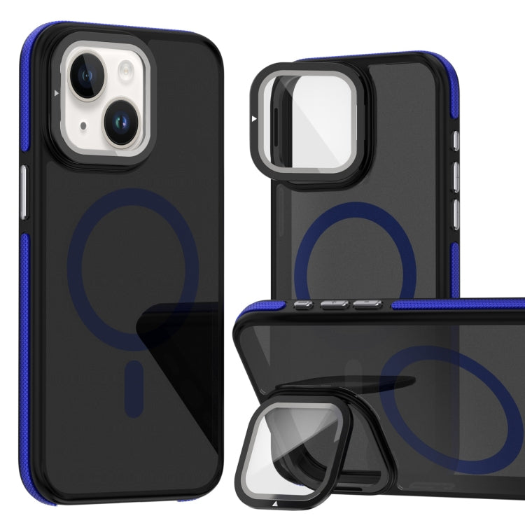 For iPhone 14 Plus Magsafe Dual-Color Skin Feel Lens Film Phone Case with Lens Fold Holder(Blue) - More iPhone Cases by buy2fix | Online Shopping UK | buy2fix