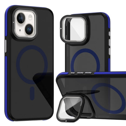 For iPhone 14 Plus Magsafe Dual-Color Skin Feel Lens Film Phone Case with Lens Fold Holder(Blue) - More iPhone Cases by buy2fix | Online Shopping UK | buy2fix