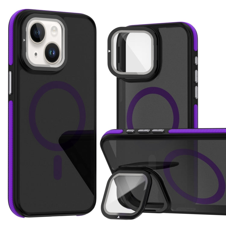 For iPhone 14 Plus Magsafe Dual-Color Skin Feel Lens Film Phone Case with Lens Fold Holder(Purple) - More iPhone Cases by buy2fix | Online Shopping UK | buy2fix