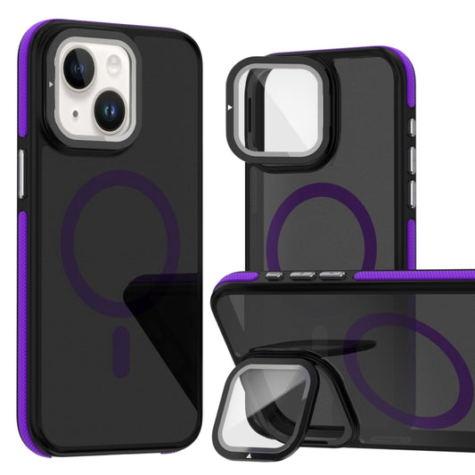 For iPhone 14 Plus Magsafe Dual-Color Skin Feel Lens Film Phone Case with Lens Fold Holder(Purple) - More iPhone Cases by buy2fix | Online Shopping UK | buy2fix