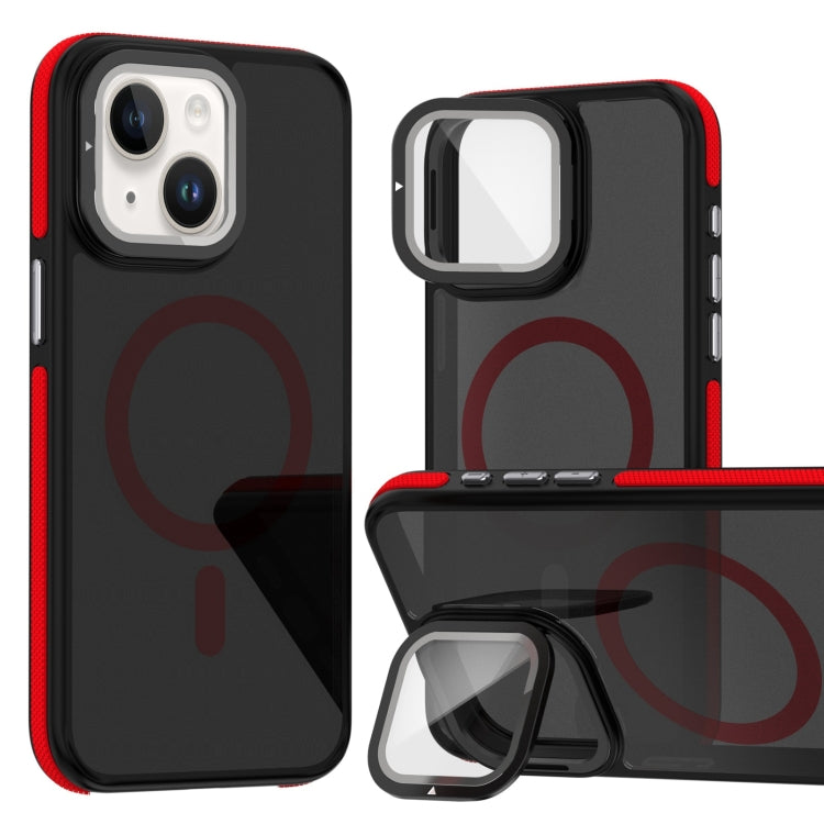 For iPhone 14 Plus Magsafe Dual-Color Skin Feel Lens Film Phone Case with Lens Fold Holder(Red) - More iPhone Cases by buy2fix | Online Shopping UK | buy2fix