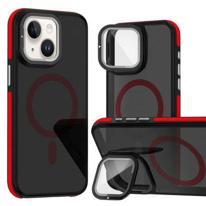 For iPhone 14 Plus Magsafe Dual-Color Skin Feel Lens Film Phone Case with Lens Fold Holder(Red) - More iPhone Cases by buy2fix | Online Shopping UK | buy2fix