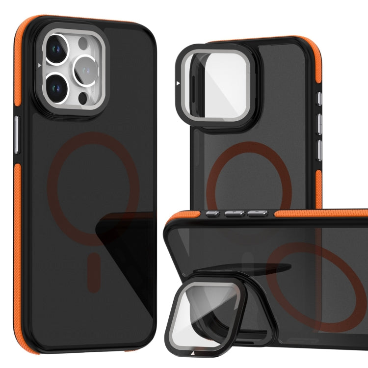 For iPhone 14 Pro Magsafe Dual-Color Skin Feel Lens Film Phone Case with Lens Fold Holder(Orange) - iPhone 14 Pro Cases by buy2fix | Online Shopping UK | buy2fix