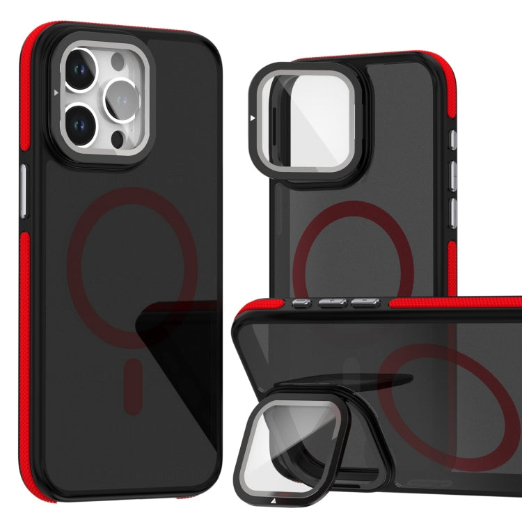 For iPhone 14 Pro Max Magsafe Dual-Color Skin Feel Lens Film Phone Case with Lens Fold Holder(Red) - More iPhone Cases by buy2fix | Online Shopping UK | buy2fix