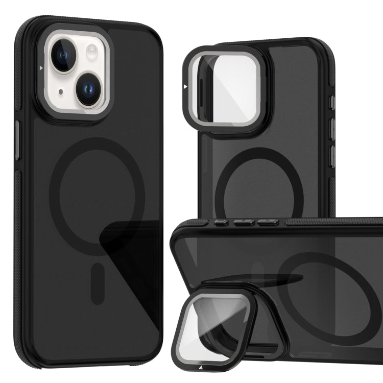 For iPhone 13 / 14 Magsafe Dual-Color Skin Feel Lens Film Phone Case with Lens Fold Holder(Black) - iPhone 14 Cases by buy2fix | Online Shopping UK | buy2fix