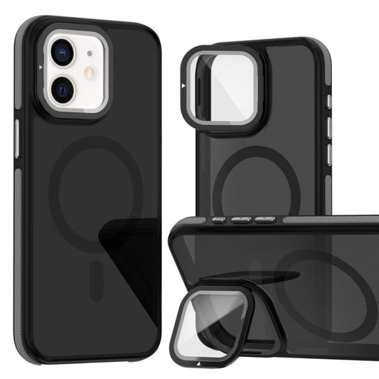 For iPhone 12 Pro / 12 Magsafe Dual-Color Skin Feel Lens Film Phone Case with Lens Fold Holder(Gray) - iPhone 12 / 12 Pro Cases by buy2fix | Online Shopping UK | buy2fix