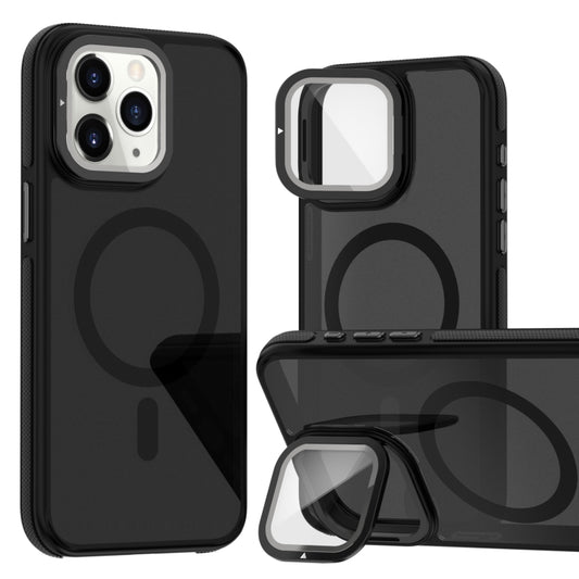 For iPhone 11 Pro Max Magsafe Dual-Color Skin Feel Lens Film Phone Case with Lens Fold Holder(Black) - iPhone 11 Pro Max Cases by buy2fix | Online Shopping UK | buy2fix