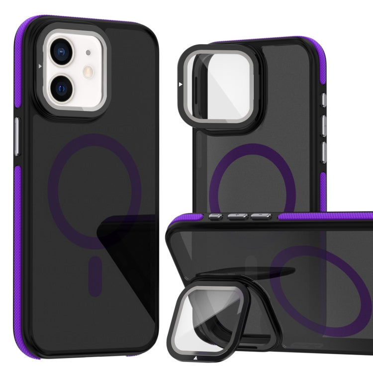 For iPhone 11 Magsafe Dual-Color Skin Feel Lens Film Phone Case with Lens Fold Holder(Purple) - More iPhone Cases by buy2fix | Online Shopping UK | buy2fix