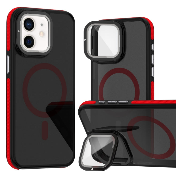 For iPhone 11 Magsafe Dual-Color Skin Feel Lens Film Phone Case with Lens Fold Holder(Red) - More iPhone Cases by buy2fix | Online Shopping UK | buy2fix