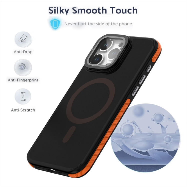 For iPhone 15 Magsafe Dual-Color Skin Feel Lens Film Phone Case with Lens Fold Holder(Orange) - iPhone 15 Cases by buy2fix | Online Shopping UK | buy2fix