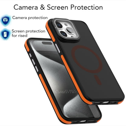 For iPhone 16 Plus Magsafe Dual-Color Skin Feel Lens Film Phone Case with Lens Fold Holder(Orange) - iPhone 16 Plus Cases by buy2fix | Online Shopping UK | buy2fix