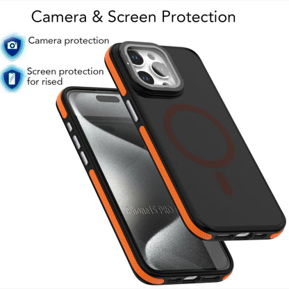 For iPhone 14 Plus Magsafe Dual-Color Skin Feel Lens Film Phone Case with Lens Fold Holder(Blue) - More iPhone Cases by buy2fix | Online Shopping UK | buy2fix