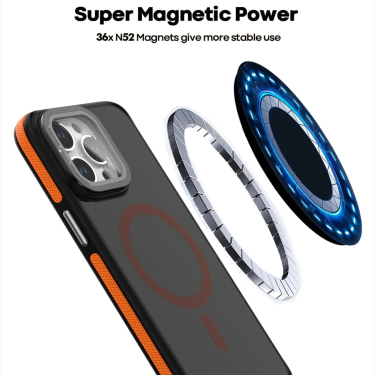 For iPhone 12 Pro Max Magsafe Dual-Color Skin Feel Lens Film Phone Case with Lens Fold Holder(Orange) - iPhone 12 Pro Max Cases by buy2fix | Online Shopping UK | buy2fix