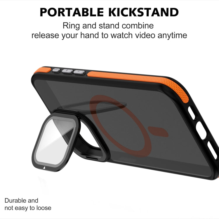 For iPhone 14 Pro Magsafe Dual-Color Skin Feel Lens Film Phone Case with Lens Fold Holder(Orange) - iPhone 14 Pro Cases by buy2fix | Online Shopping UK | buy2fix